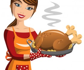 Girl cook with thanksgiving turkey vector 01