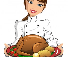 Girl cook with thanksgiving turkey vector 02