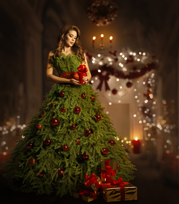 Girl dressed Christmas tree Stock Photo 06