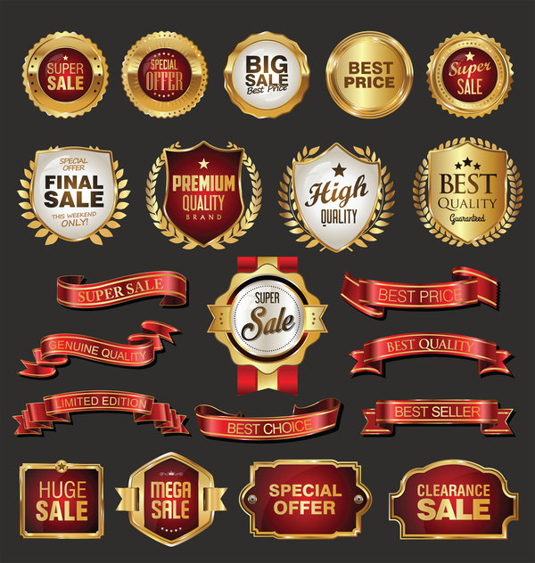 Golden retro sale badges and labels vector