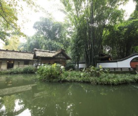 Green bamboo and thatched cottages Stock Photo