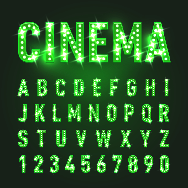 Green neon lights alphabet with number vector