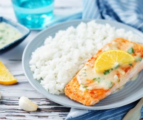 Grilled salmon and rice Stock Photo