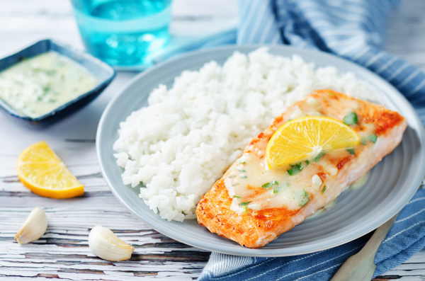 Grilled salmon and rice Stock Photo
