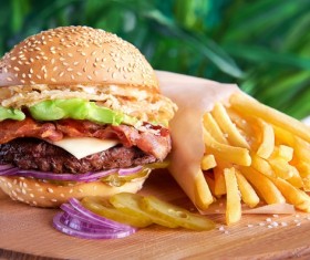 Hamburger and fries onion on the desktop Stock Photo