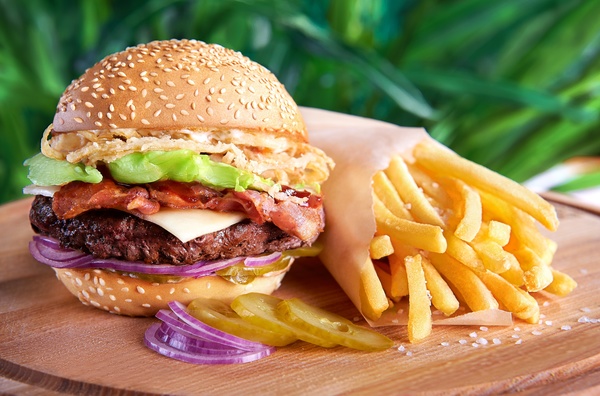 Hamburger and fries onion on the desktop Stock Photo