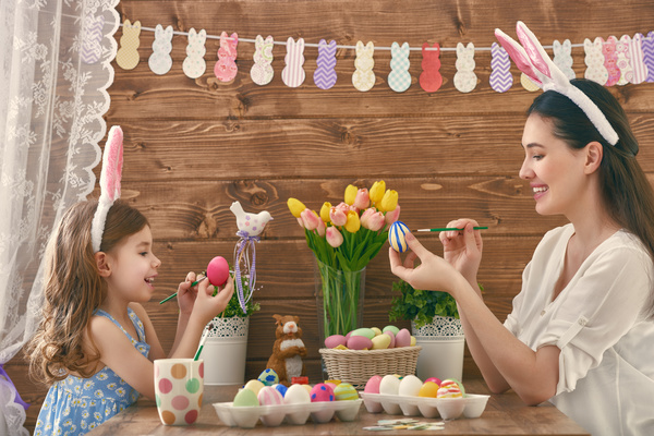 Hand-painted Easter eggs of mother and daughter Stock Photo 02