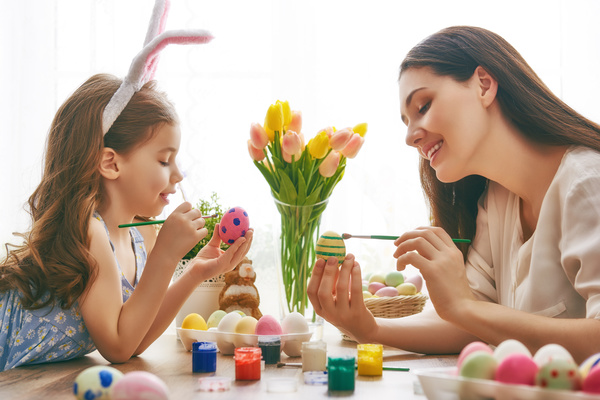 Hand-painted Easter eggs of mother and daughter Stock Photo 04