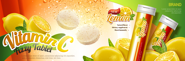 Lemon vitaminc flzzy tablet advertising poster vector