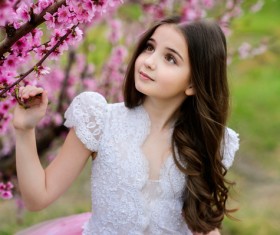 Little girl looking at flowers Stock Photo