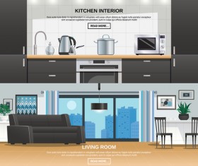 Living room and kitchen interior design vector