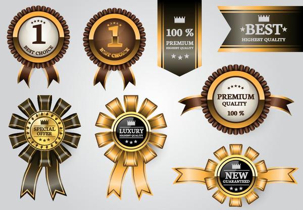 Luxury golden labels with ribbon banners vector