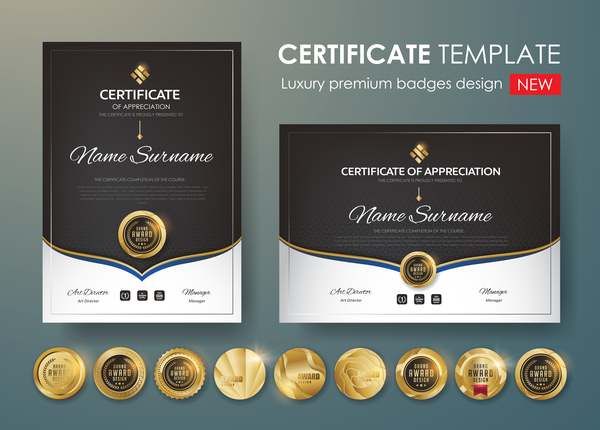 Modern certificate template with golden badge vectors 01
