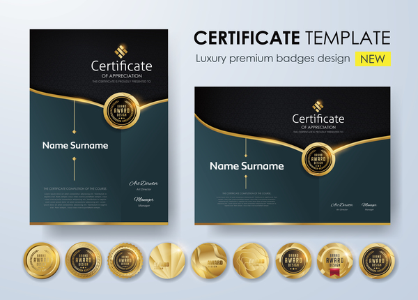 Modern certificate template with golden badge vectors 03