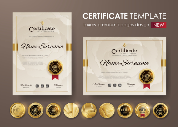 Modern certificate template with golden badge vectors 04