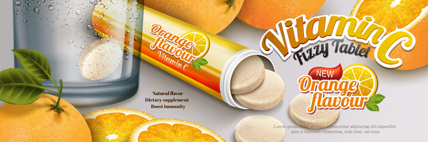 Orange vitaminc flzzy tablet advertising poster vector