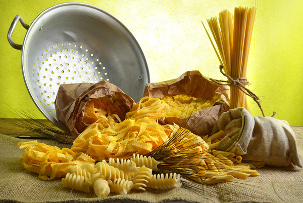 Pasta macaroni noodles and pot Stock Photo