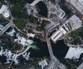 Peaceful riverside city from high view Stock Photo