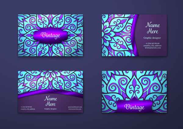 Purple decorative pattern business card vector 01