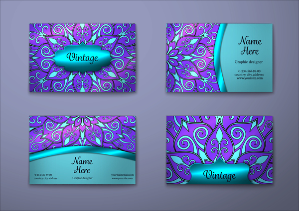 Purple decorative pattern business card vector 02