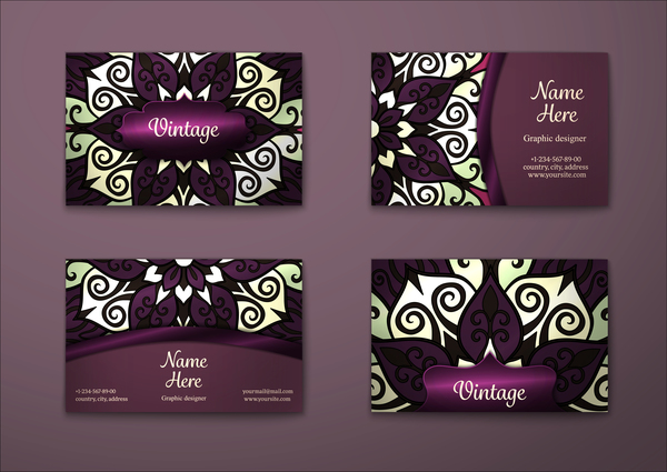 Purple decorative pattern business card vector 04