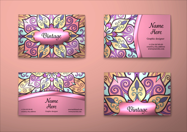 Purple decorative pattern business card vector 05