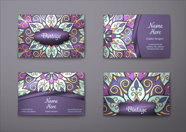 Purple decorative pattern business card vector 06