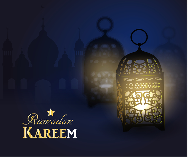 Ramadan Kareem background with arabic lamps vector 04