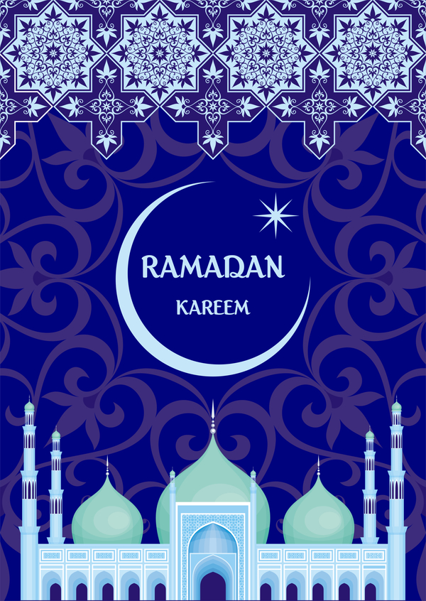 Ramadan greeting card blue vector 05