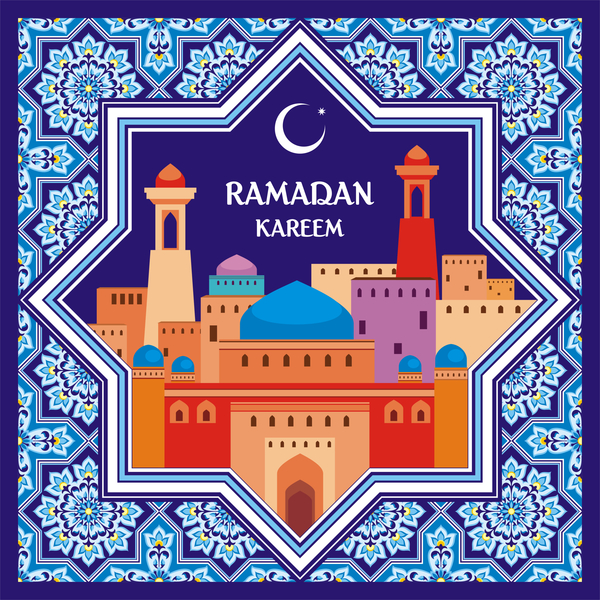 Ramadan greeting card blue vector 07