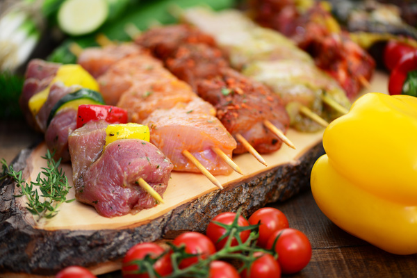 Raw meat skewers and vegetables Stock Photo 01