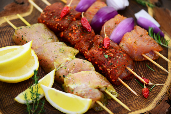 Raw meat skewers and vegetables Stock Photo 02