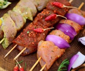 Raw meat skewers and vegetables Stock Photo 03