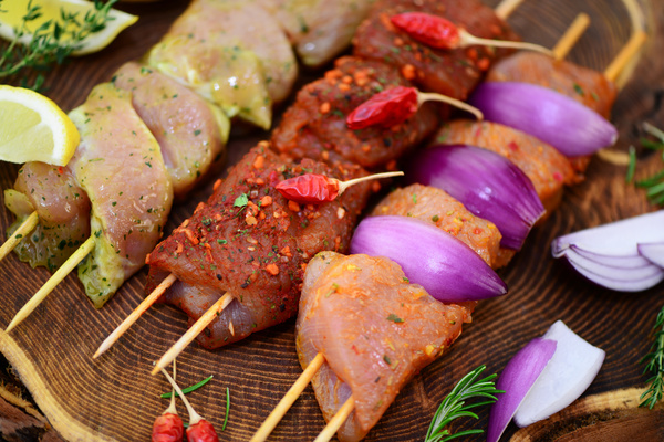 Raw meat skewers and vegetables Stock Photo 03