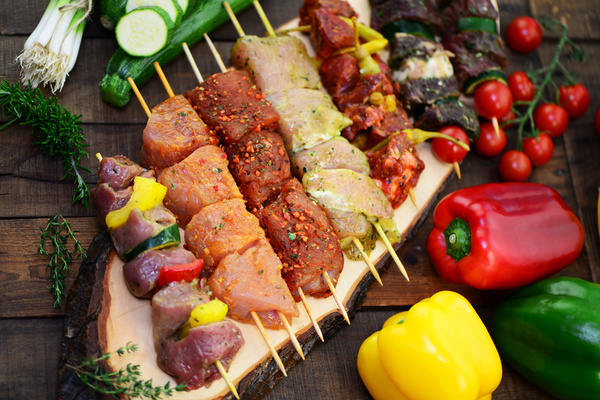 Raw meat skewers and vegetables Stock Photo 04