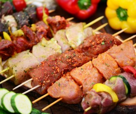 Raw meat skewers and vegetables Stock Photo 05