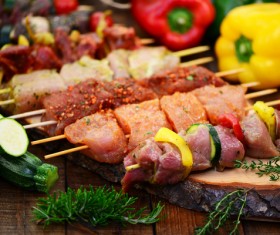 Raw meat skewers and vegetables Stock Photo 06