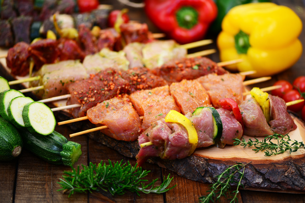 Raw meat skewers and vegetables Stock Photo 06