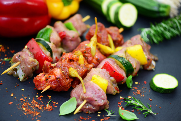 Raw meat skewers and vegetables Stock Photo 07
