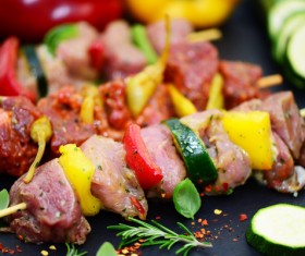 Raw meat skewers and vegetables Stock Photo 08