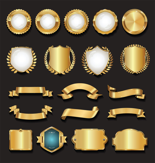Retro golden ribbons and labels vector set 03
