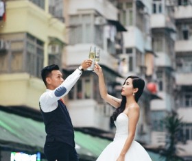 Romantic young couple cheering with wine Stock Photo