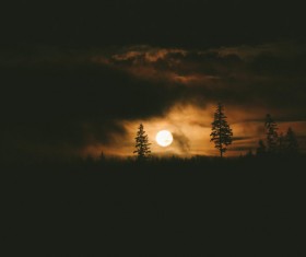 Round moon in dark landscape Stock Photo