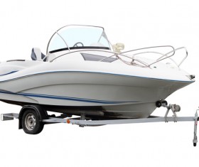 Small yacht on trailer Stock Photo