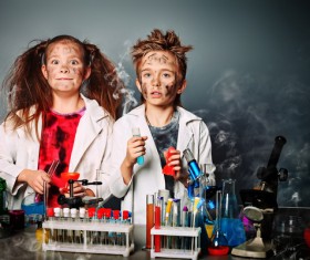 Students with funny facial expressions in chemistry class Stock Photo