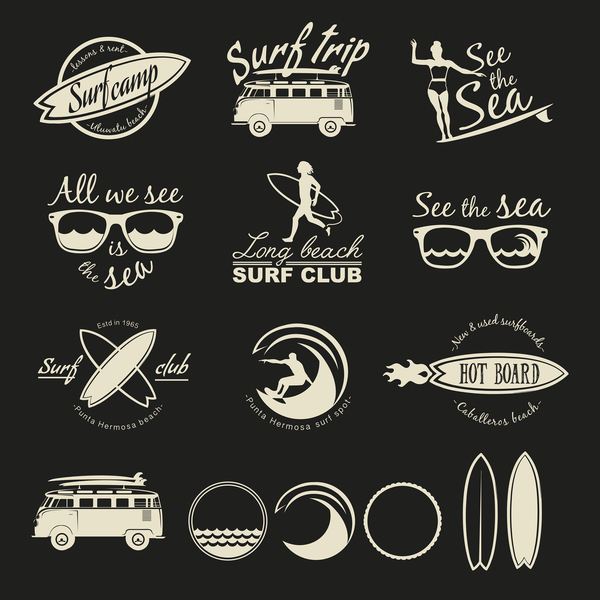 Surf logos black vector set