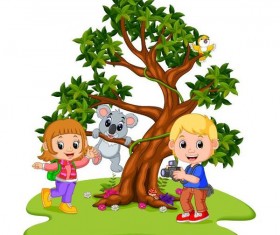 Two kids with koala cartoon vector