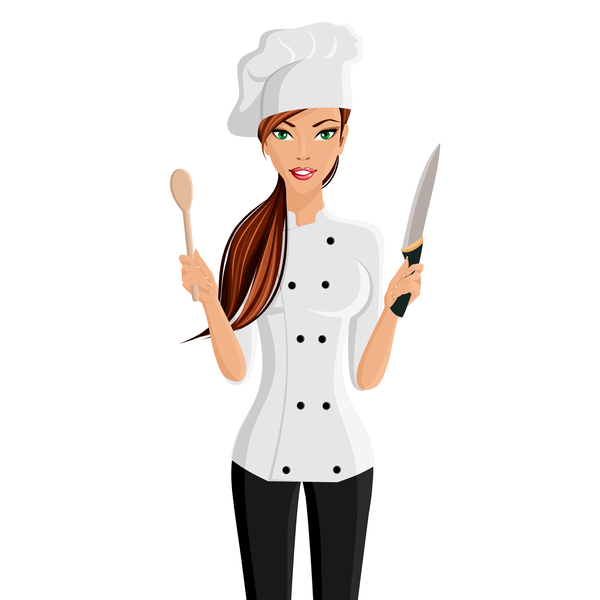 Woman chef with kitchenware vector