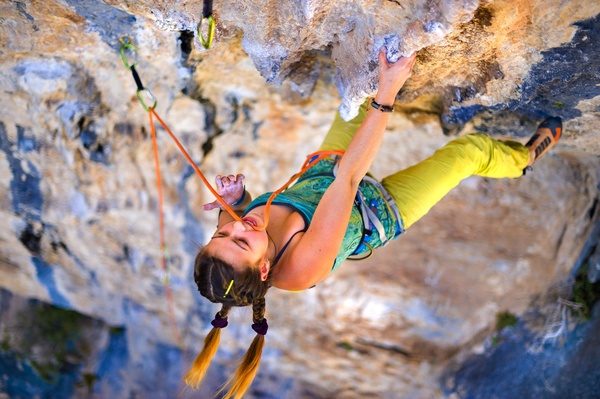Woman rock climber climbs Stock Photo 06