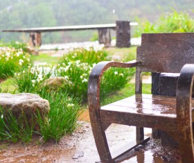 Wooden chair in the garden in the rain Stock Photo